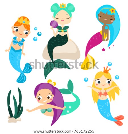 Cute cartoon mermaids. Stickers, clip art for girls in kawaii style. For invitations, scrapbook, blogging, mobile games