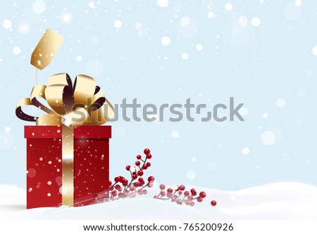 Gift box with price tag and berries on snowy background. Holiday winter poster. Vector illustration