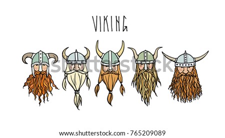 Hand drawn heads of bearded viking with helmets on. Vector illustration of northern rough warriors. Heavy contour, graphic style. Royalty-Free Stock Photo #765209089