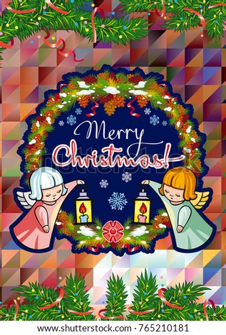 Winter holiday card with pine branches, sweet little angels and artistic written text "Merry Christmas!". Vector clip art.