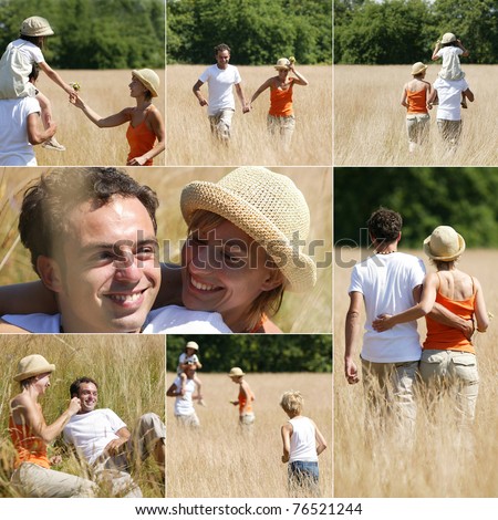 Photo-montage of family in countryside