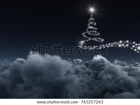 Digital composite of Snowflake Christmas tree pattern shape glowing in sky