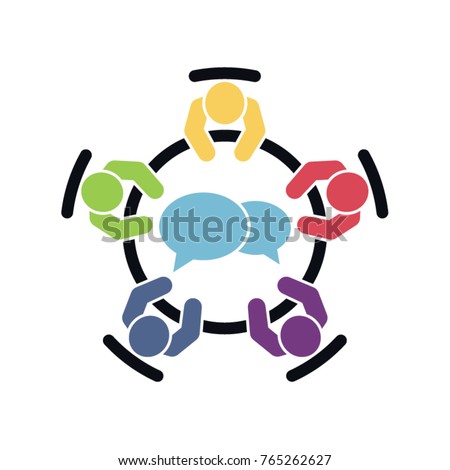Brainstorming and teamwork icon. Business meeting. Debate team. Discussion group. People in conference room sitting around a table working together on new creative projects. Royalty-Free Stock Photo #765262627