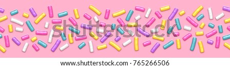 Seamless wide background of pink candy donut glaze with many decorative sprinkles. Royalty-Free Stock Photo #765266506