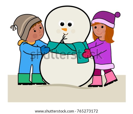 Clip-art of a boy and a girl hugging a snowman. Eps10