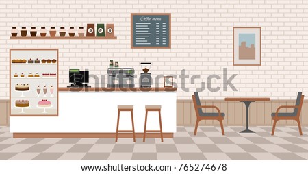 Empty cafe interior with bar stand,table and armchairs. Flat design vector illustration Royalty-Free Stock Photo #765274678