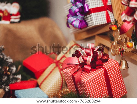 Close up of Christmas gift boxes on Christmas decoration table