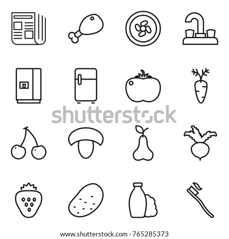 Thin line icon set : newspaper, chicken leg, cooler fan, water tap, fridge, tomato, carrot, cherry, mushroom, pear, beet, strawberry, potato, shampoo, tooth brush