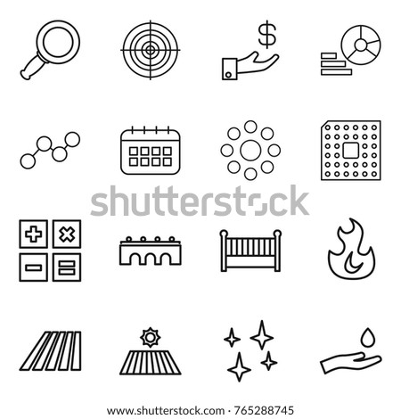 Thin line icon set : magnifier, target, investment, diagram, graph, calendar, round around, cpu, calculator, bridge, crib, fire, field, shining, hand and drop
