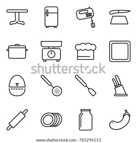Thin line icon set : table, fridge, mixer, cutting board, pan, kitchen scales, chief hat, egg timer, skimmer, spatula, knife holder, rolling pin, plates, bank, eggplant