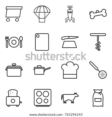 Thin line icon set : delivery, parachute, dna modify, bone, cafe, cutting board, corkscrew, pan, saute, cook hat, skimmer, toaster, hob, cow, flour
