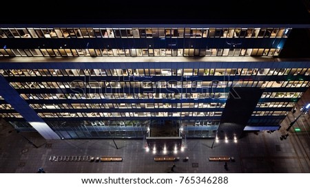 Aerial drone view on office building at night