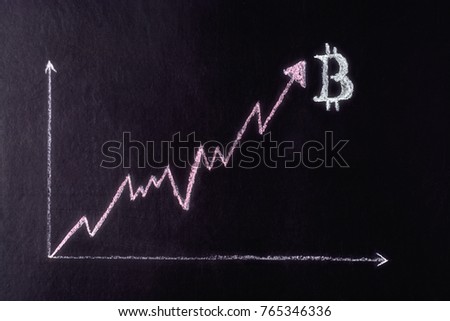 Drawn with chalk on a black background - growing up chart with the symbol for Bitcoin.