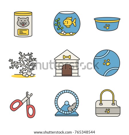 Pets supplies color icons set. Canned cat food, aquarium, dog bowl, seaweed, doghouse, toy ball, nail clippers, hamster wheel, pets bag carrier. Isolated vector illustrations
