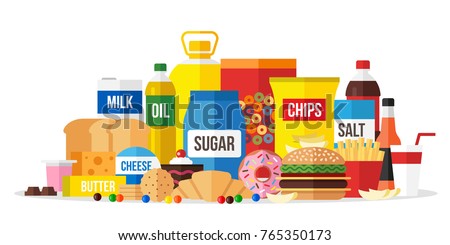 Vector illustration of processed food. Flat style. Royalty-Free Stock Photo #765350173