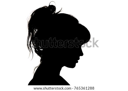 silhouette portrait of sad beautiful profile of female head with hairstyle on white isolated background with wavy gathered hair, concept beauty and fashion Royalty-Free Stock Photo #765361288