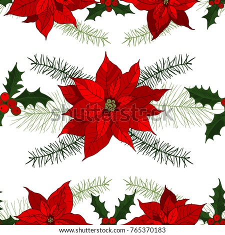 Vector seamless pattern with hand-drawn Christmas plants .  