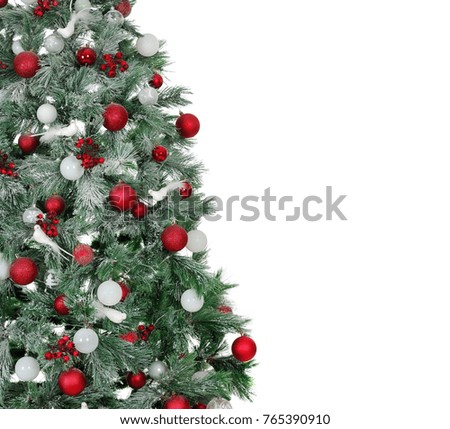 Closeup picture of a Christmas tree with red and white decorations ioslated on white