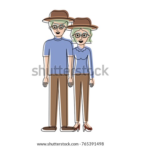 couple in watercolor silhouette and both with hat and glasses and pants and him with t-shirt and shoes and her with blouse and heel shoes with short wavy hair