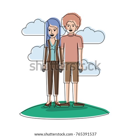 couple in watercolor silhouette scene outdoor and her with blouse and jacket and pants and heel shoes with layered hair and him with t-shirt and short pants and shoes with curly hair