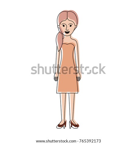 woman full body with strapless dress and heel shoes with pigtail hairstyle in watercolor silhouette