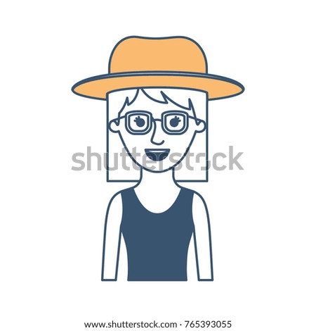 woman half body with hat and glasses and dress with mid length hair in color sections silhouette