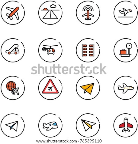 line vector icon set - plane vector, runway, radar, departure, trap truck, helicopter, seats, baggage scales, globe, airport road sign, paper fly, toy