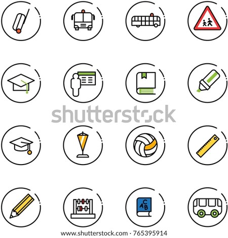 line vector icon set - suitcase vector, airport bus, children road sign, graduate hat, presentation, book, highlight marker, pennant, volleyball, ruler, pencil, abacus, abc, toy