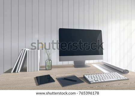 3D Rendering : illustration of modern interior Creative designer office desktop with PC computer. mock up working place. light from outside. white tile wall background. clipping path included