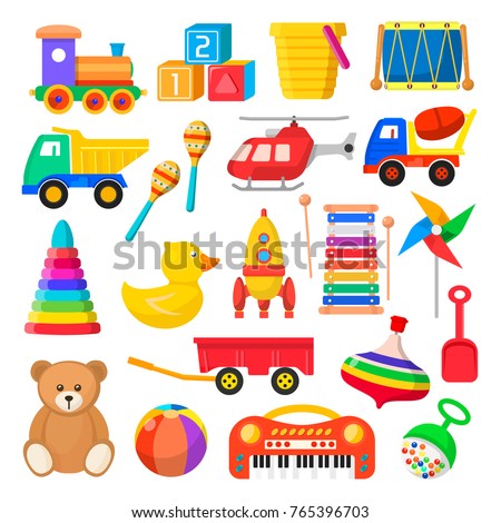 Baby toy set. Cute object for small children to play with, wooden and plastic toys, stuffed animals, fun and activity. Vector flat style cartoon illustration isolated on white background Royalty-Free Stock Photo #765396703