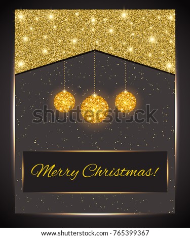 Merry Christmas Template for greeting offer card. Gold shining frame with balls. Vector illustration