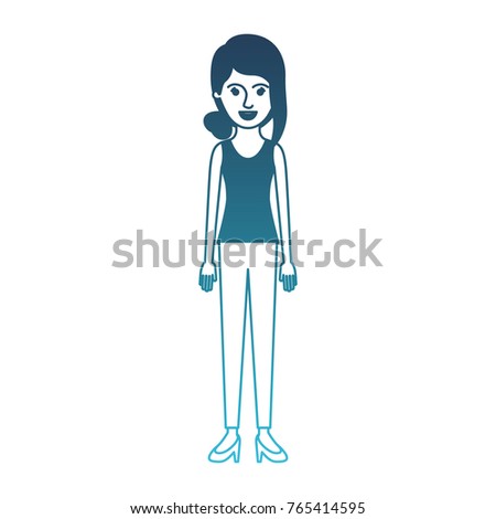 woman full body with t-shirt sleeveless and pants and heel shoes with collected hair and fringe in degraded blue silhouette