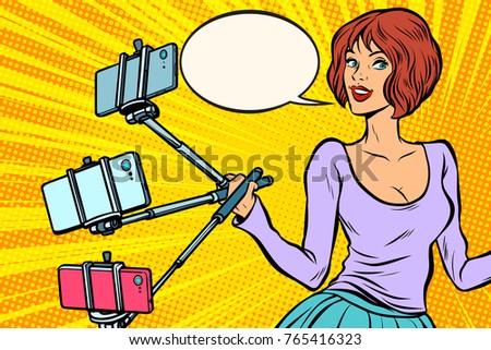selfie stick woman. Pop art retro vector illustration