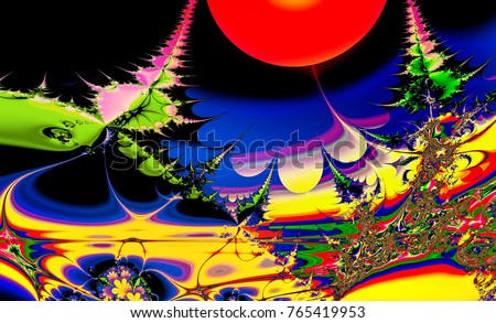 Abstract forest with red flowers, green fir trees and a huge scarlet sun