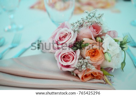 Rose flower bouquet for Bridesmaid, Pastel Pink and Orange wedding decor. 