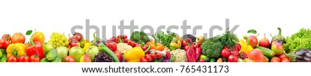 Wide collage of fresh fruits and vegetables for layout isolated on white background. Copy space Royalty-Free Stock Photo #765431173