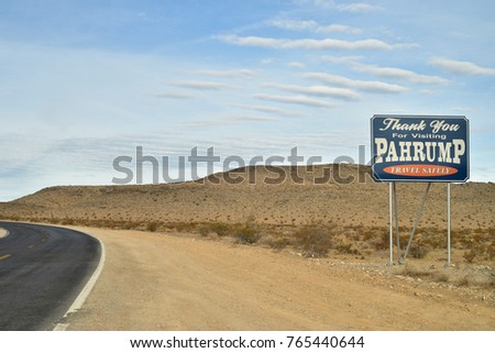 Thank you for visiting town of Pahrump, Nevada, USA road sign Royalty-Free Stock Photo #765440644
