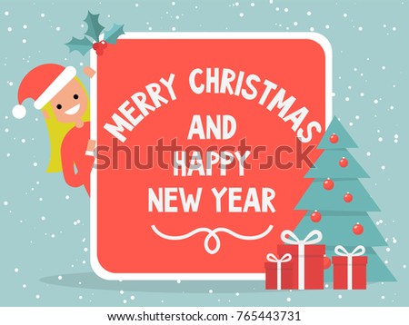 Merry christmas and happy new year. Vintage postcard. Xmas decoration. Young character peeking out from behind the red card. Banner. Tree and gift boxes. Holly berries. Flat vector, clip art