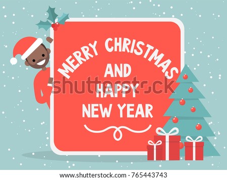Merry christmas and happy new year. Vintage postcard. Xmas decoration. Young character peeking out from behind the red card. Banner. Tree and gift boxes. Holly berries. Flat vector, clip art