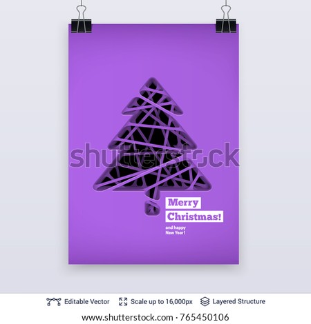 Fir tree silhouette carved in paper. Christmas and New Year background template. Editable vector illustration.