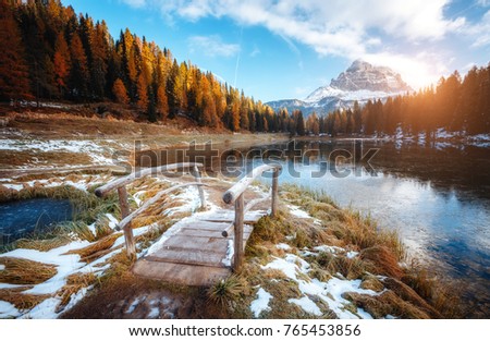 Scenic image of the lake Antorno in National Park Tre Cime di Lavaredo. Location Dolomiti alps, South Tyrol, Italy, Europe. Adventure vacations, lifestyle hiking concept. Explore the beauty of earth.