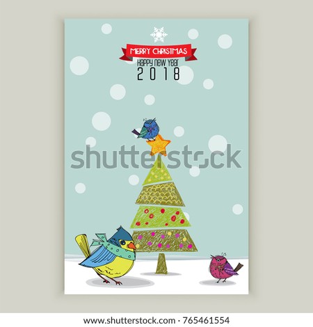 Holiday cartoon card, Merry Christmas and happy new year, Cute birds, tree and snow