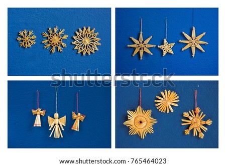 Four pictures of small straw christmas decoration on blue wall background. (3 stars, 3 snowflakes, 3 angels and 3 hearts)