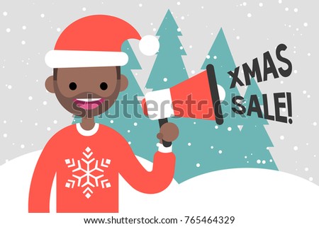 Christmas sale. Special offer. Marketing activity. Young character holding a megaphone. Seasonal discounts. Flat editable vector illustration, clip art