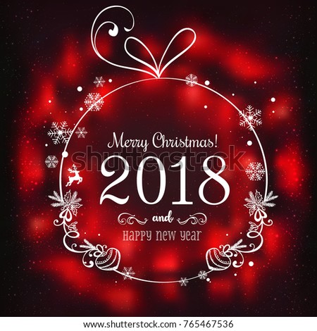 Shiny Christmas ball for Merry Christmas 2018 and New Year on dark background with light, stars, snowflakes. Holiday card. Vector eps illustration
