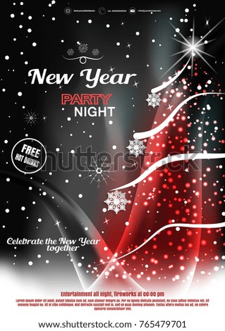 Vector Happy New Year night party invitation poster on the dark gray and red gradient background with Christmas tree, snowfall, waves and snowflakes.