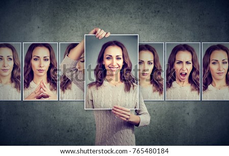 Masked woman expressing different emotions Royalty-Free Stock Photo #765480184