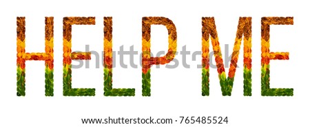 help me word is written with leaves white isolated background, banner for printing, creative illustration of color leaves help me.