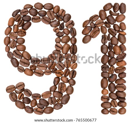 Arabic numeral 91, ninety one, from coffee beans, isolated on white background