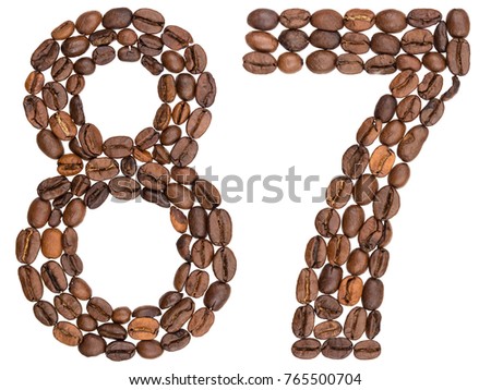 Arabic numeral 87, eighty seven, from coffee beans, isolated on white background